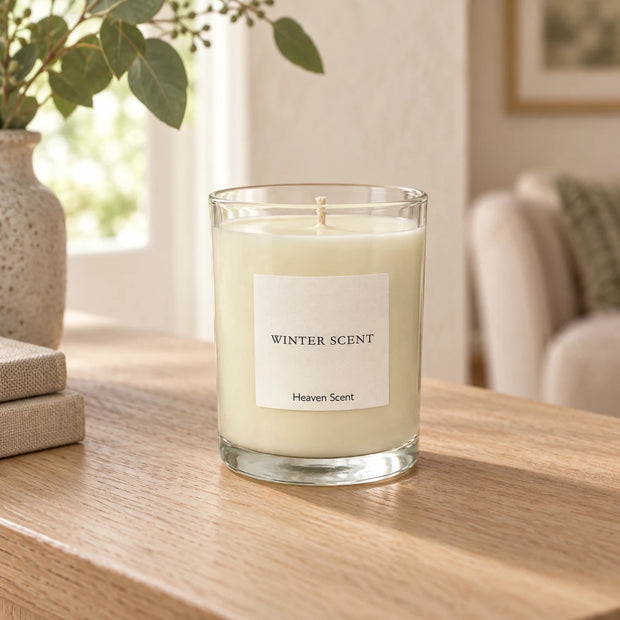 Heaven Scent Winter Scent Medium Candle, ivory wax in clear glass on an oak console