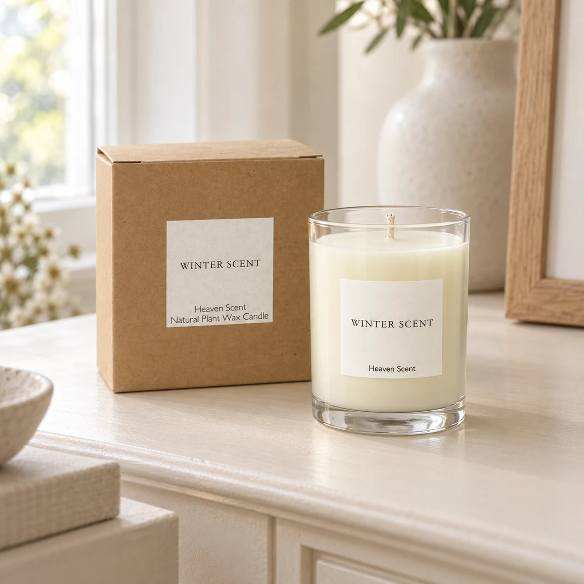Heaven Scent Winter Scent Medium Candle, unlit with its brown kraft box on a cream console