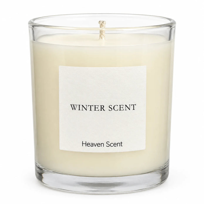 Heaven Scent Winter Scent Medium Candle, close-up of the fragrance label and clear glass