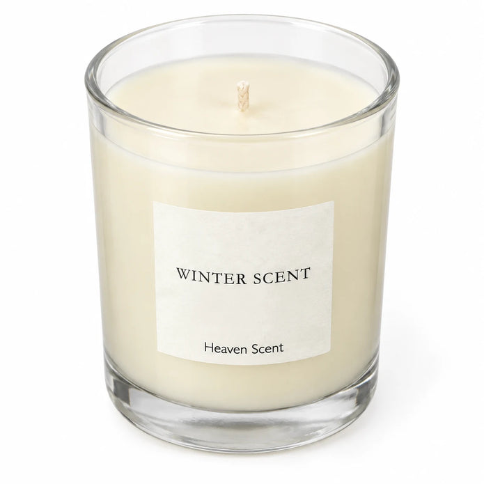 Heaven Scent Winter Scent Medium Candle, close-up of cream wax and the unlit wick