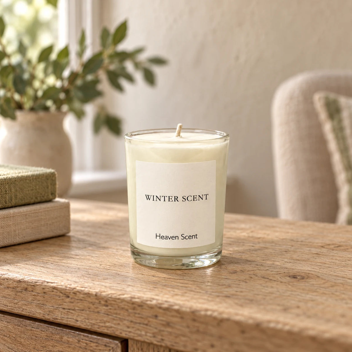 Small Winter Scent candle by Heaven Scent Incense Ltd, featuring a cozy winter-themed design with a lit candle in a glass holder.