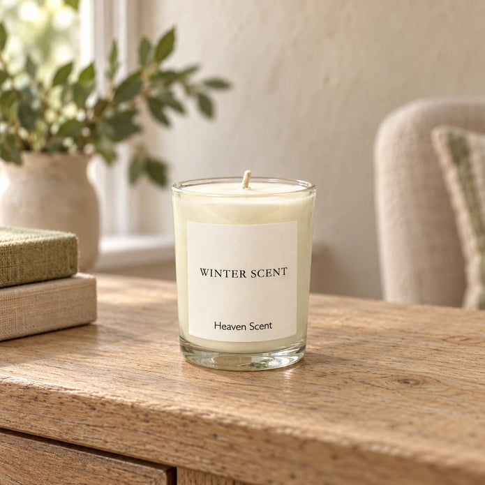 Small Winter Scent candle by Heaven Scent Incense Ltd, featuring a cozy winter-themed design with a lit candle in a glass holder.