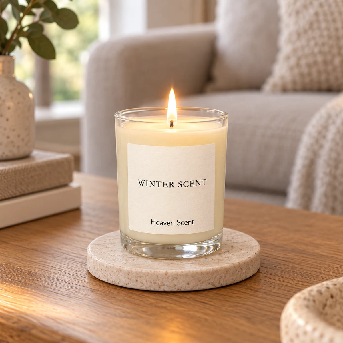 Small Winter Scent candle by Heaven Scent Incense Ltd shown in a styled living room setting with cozy decor.