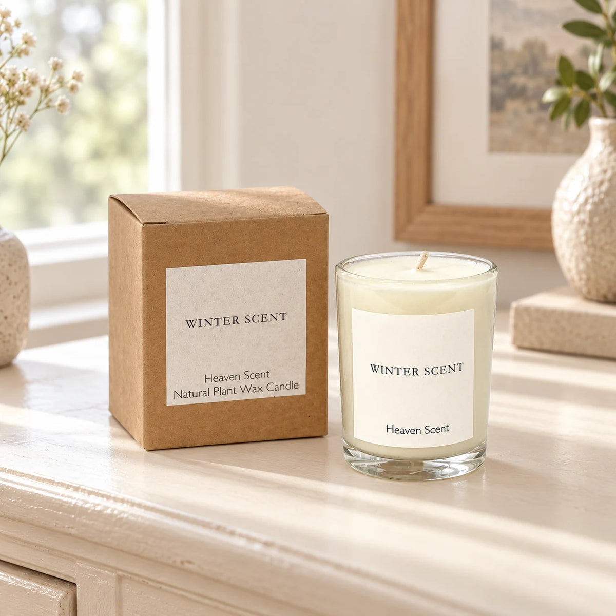 Small Winter Scent candle from Heaven Scent Incense Ltd, showcasing a cozy, festive candle with winter-themed packaging.
