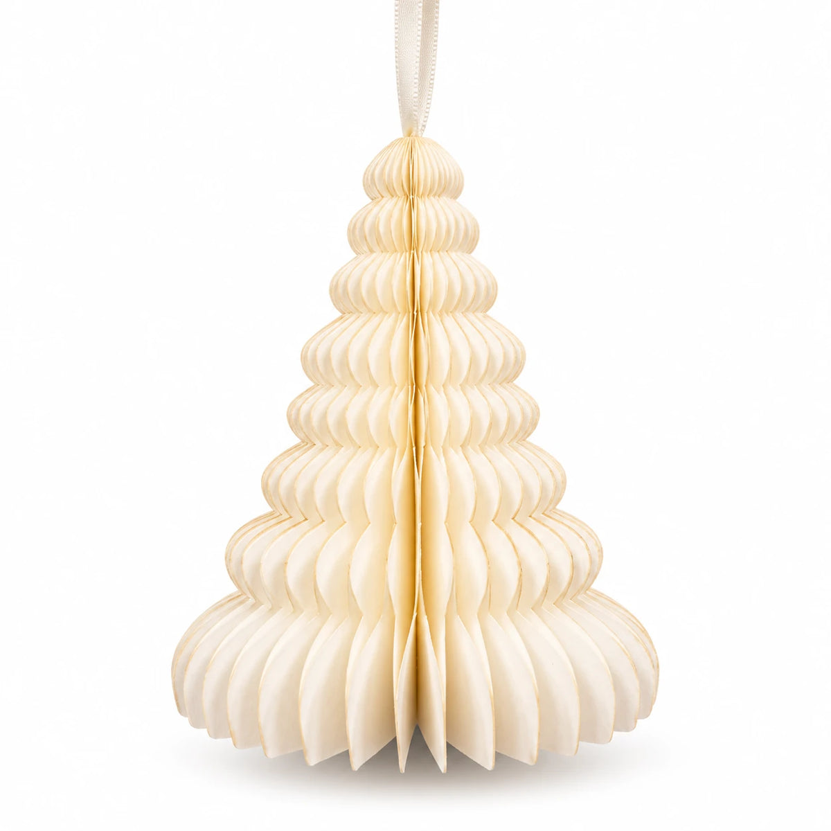 Close view of one winter white paper tree showing scalloped folds and ribbon attachment.