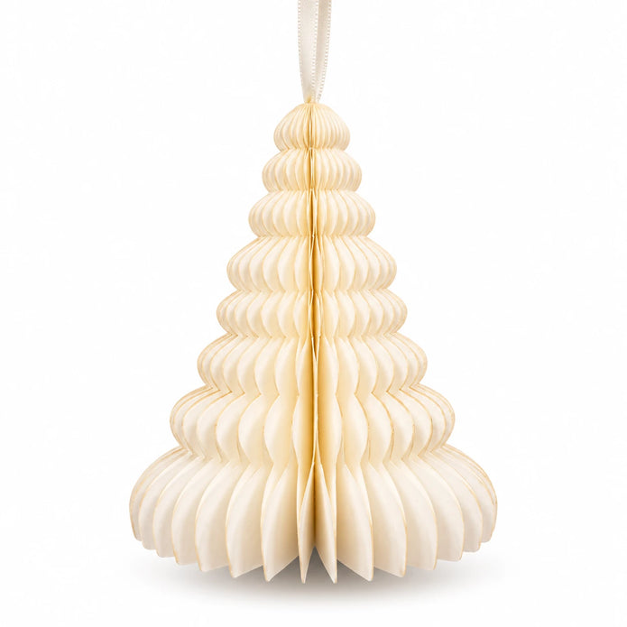 Close view of one winter white paper tree showing scalloped folds and ribbon attachment.