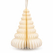Close view of one winter white paper tree showing scalloped folds and ribbon attachment.