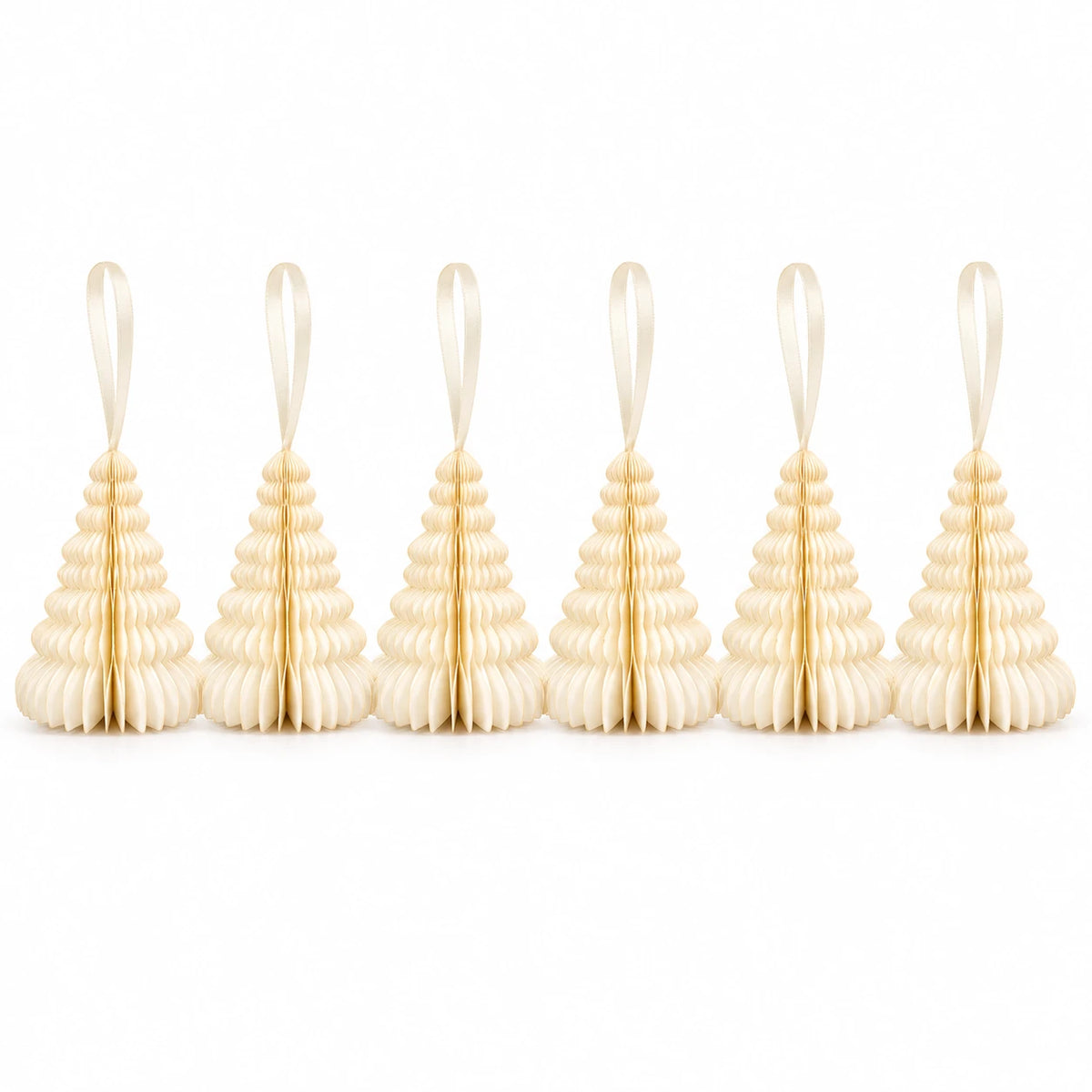 Complete set of six winter white hanging paper trees with ivory ribbons on white.