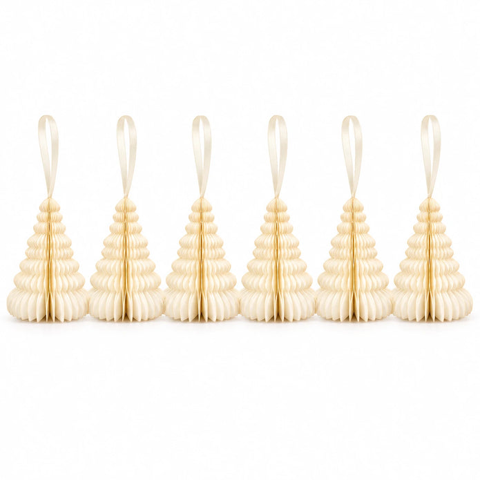 Complete set of six winter white hanging paper trees with ivory ribbons on white.