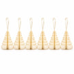 Complete set of six winter white hanging paper trees with ivory ribbons on white.