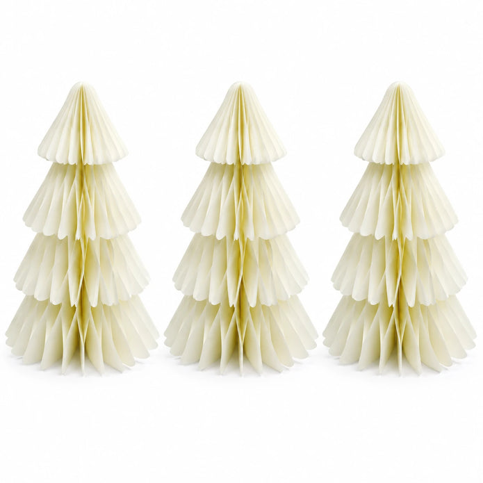 Full studio view of all three matching winter white paper Christmas trees on a white background.