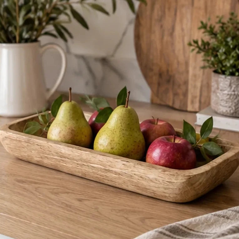 Wooden dough bowl used as a kitchen tray, handcrafted home decor by Starlight Express with a rustic, natural wood finish.