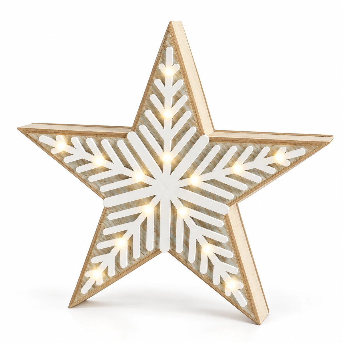 Medium wooden LED chevron star with natural wood edging and white detail on a white studio background.
