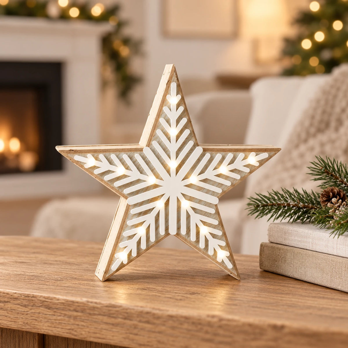 Small wooden LED chevron star illuminated on an oak shelf in a cream Christmas room.