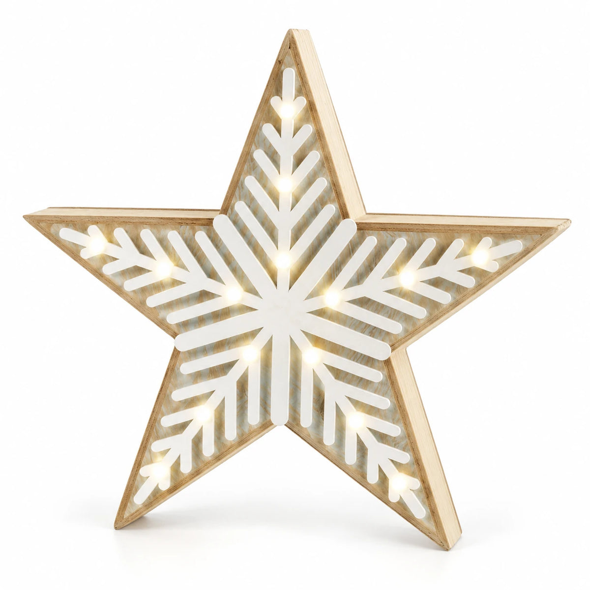 Small wooden LED chevron star with white snowflake-style detail on a white studio background.