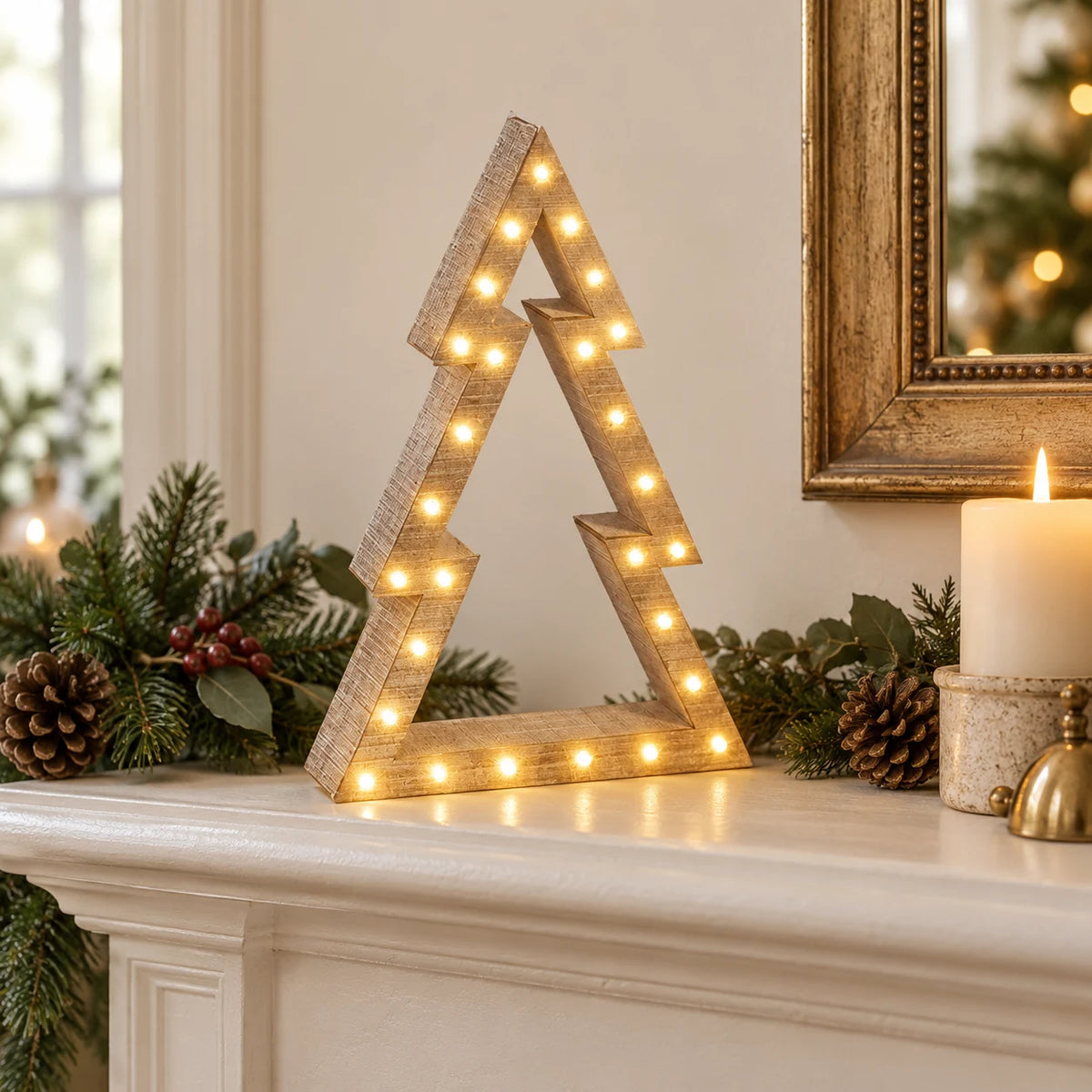 Medium wooden LED nested tree on a cream mantel.