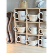 Wooden mug display shelf unit for kitchen and dining by Starlight Express, showcasing hanging mugs and rustic wood finish.