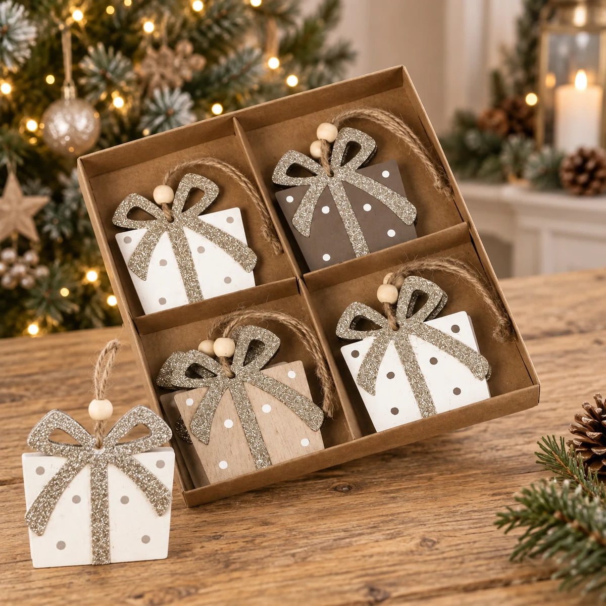 Boxed wooden present hanging decorations on an oak table.