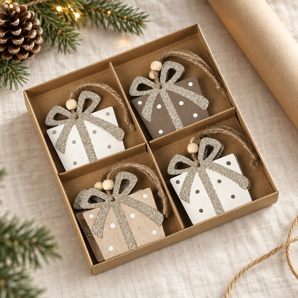 Boxed wooden present decorations on cream linen.