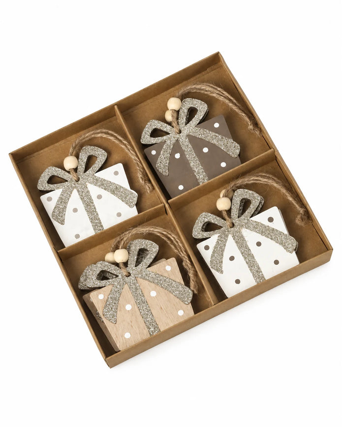 Wooden Presents Hanging Decoration Boxed Set Of Eight against a white studio background.