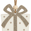 Close-up of cream ornament glitter bow and wooden bead on Wooden Presents Hanging Decoration Boxed Set Of Eight.