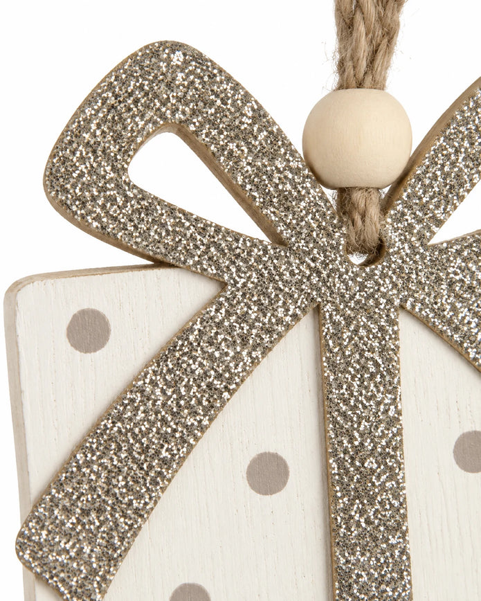 Close-up of original polka-dot wooden present surface and jute loop on Wooden Presents Hanging Decoration Boxed Set Of Eight.