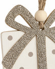 Close-up of original polka-dot wooden present surface and jute loop on Wooden Presents Hanging Decoration Boxed Set Of Eight.