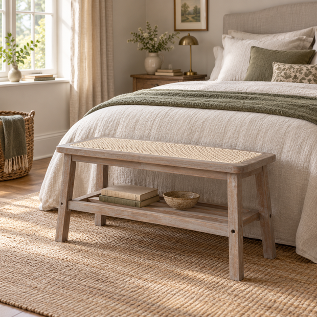 Wooden rattan storage bench styled at the foot of a neutral bed
