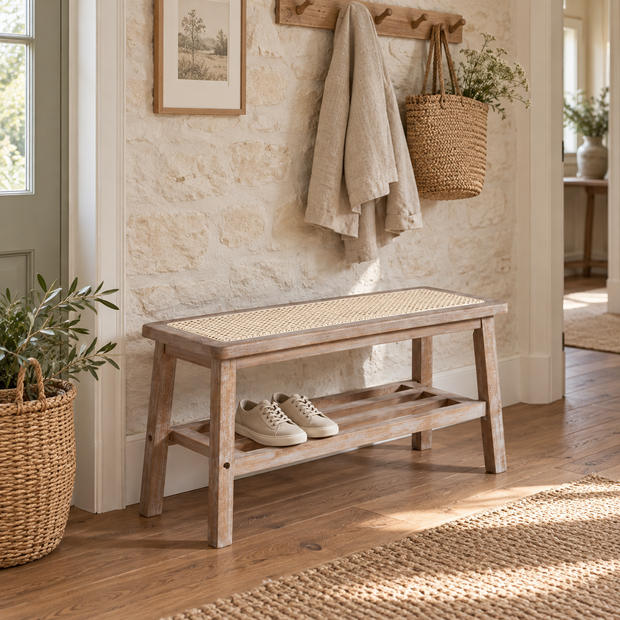 Wooden rattan hallway bench with lower shoe storage shelf