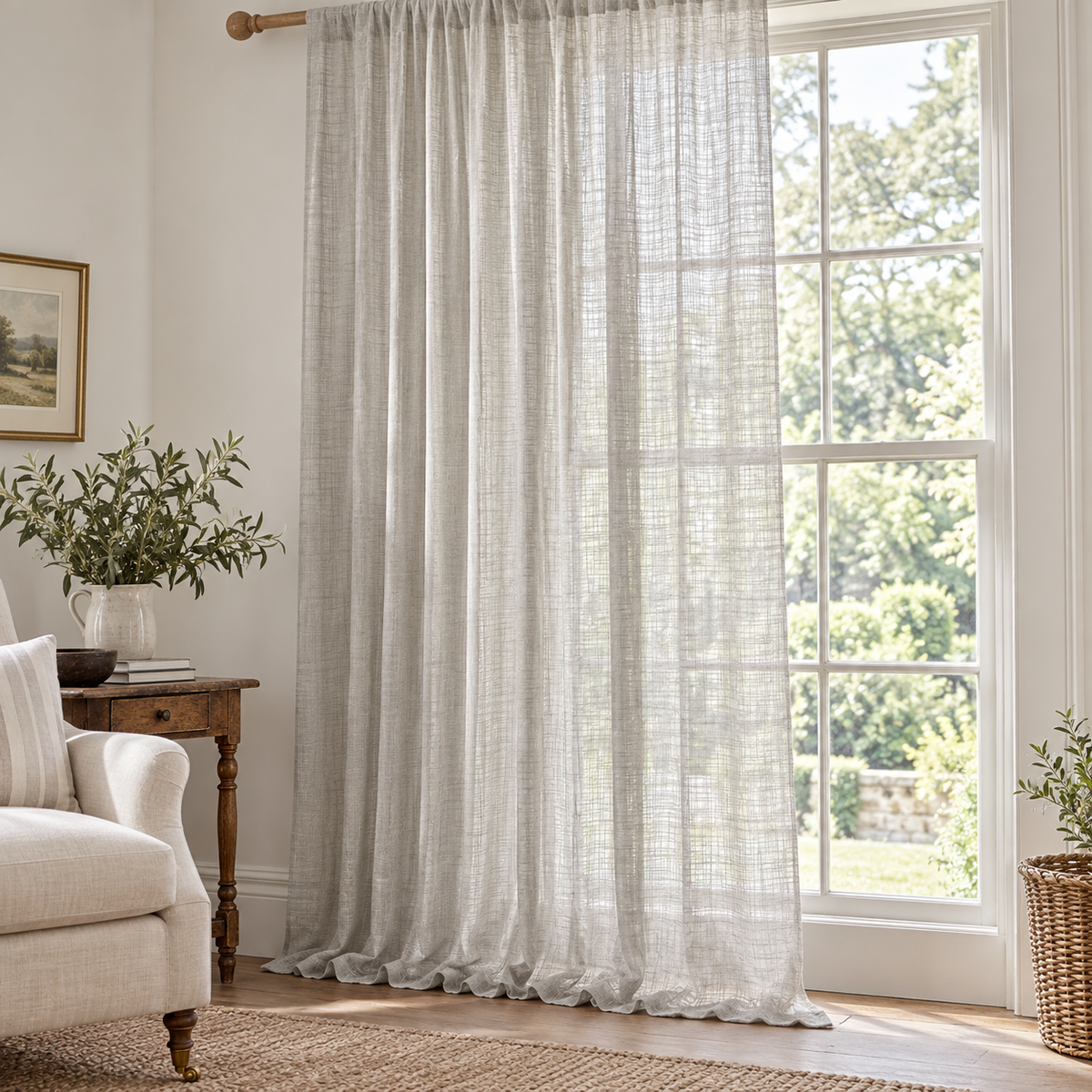 Yard greige sheer voile curtain panel styled in a bright country living room