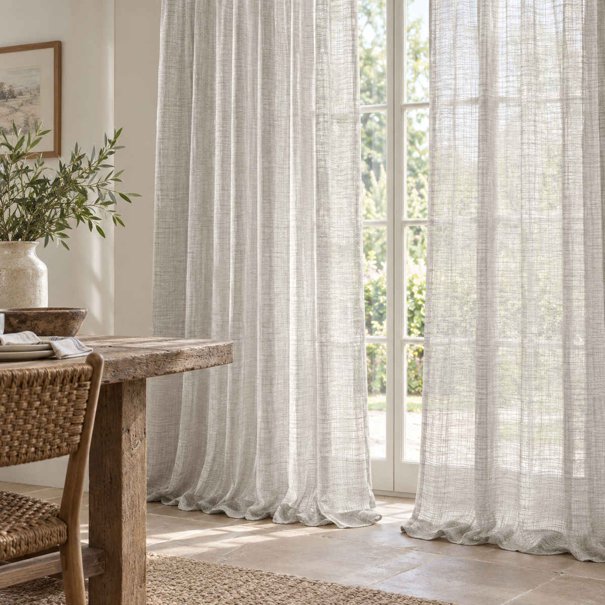 Yard greige sheer voile curtain panel styled in a country dining room
