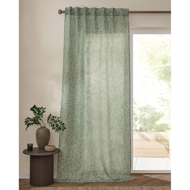 Green woven sheer voile curtain panel with yard leaf pattern from Riva Home, ideal for soft furnishings and window decor.