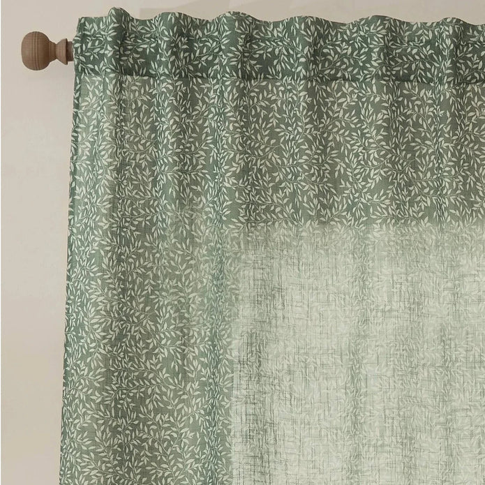 Green woven sheer voile curtain panel with yard leaf pattern, soft furnishings by Riva Home, 140cm wide by 250cm long.