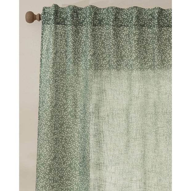 Green woven sheer voile curtain panel with yard leaf pattern, soft furnishings by Riva Home, 140cm wide by 250cm long.