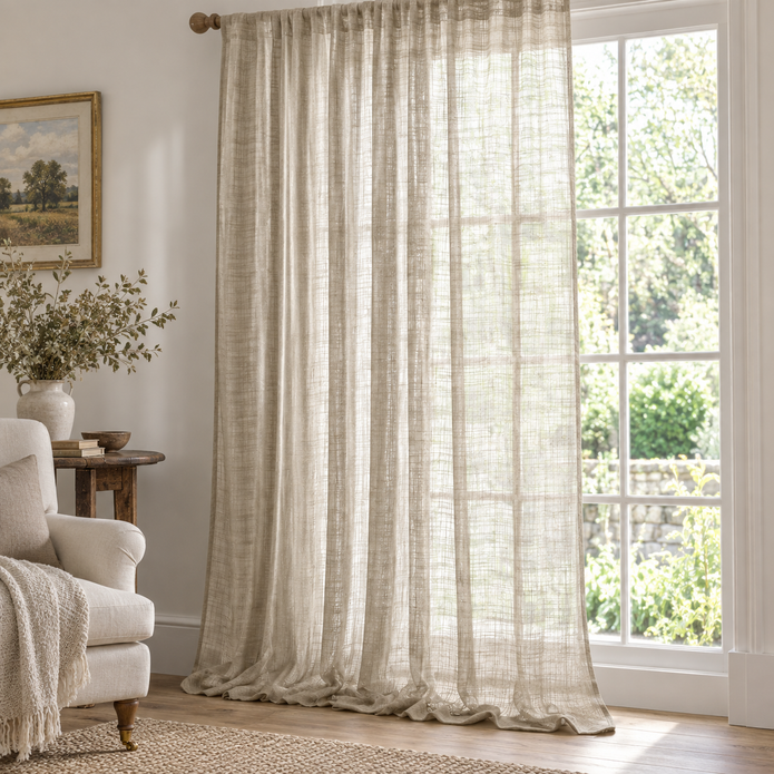 Yard natural beige sheer voile curtain panel styled in a bright country living room