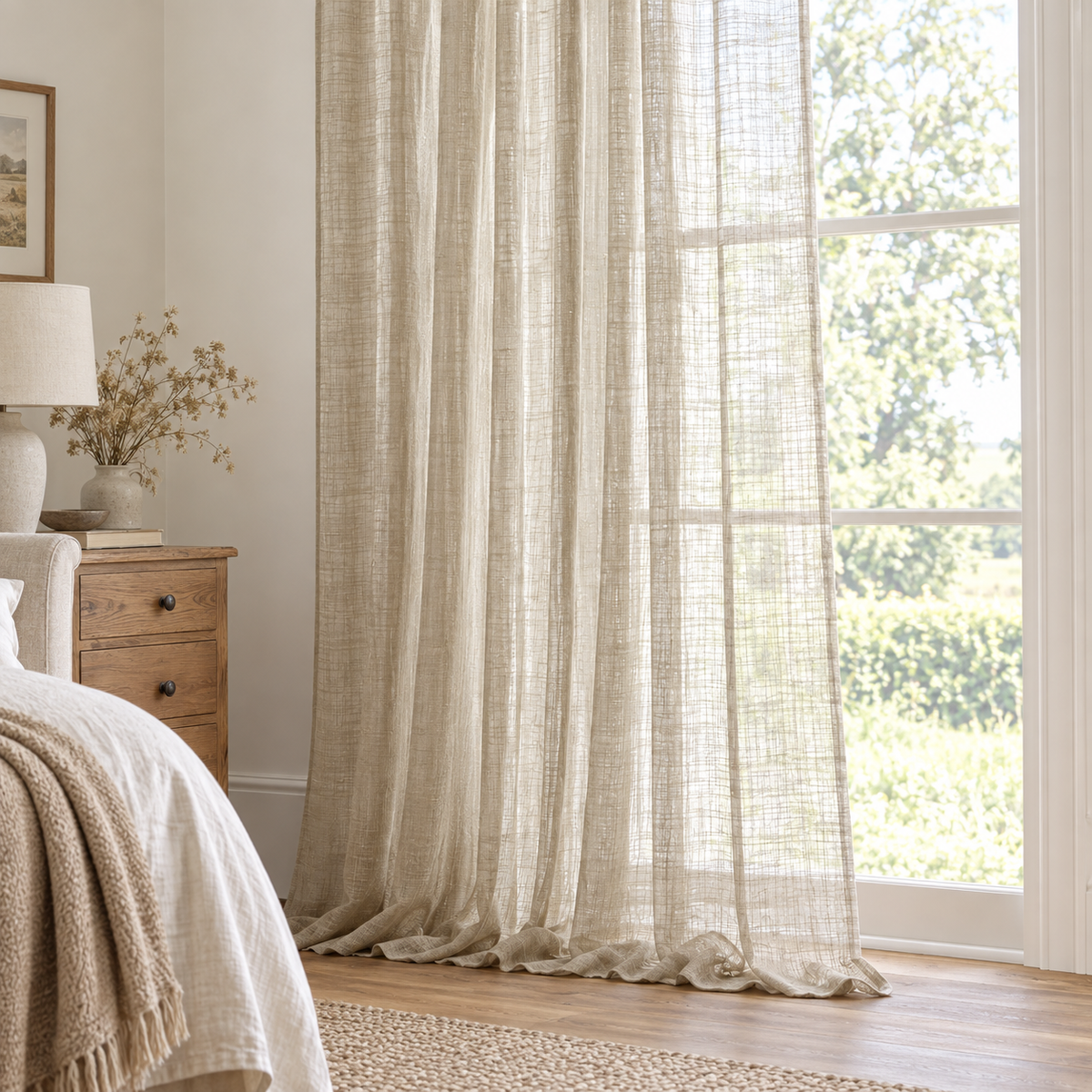 Yard natural beige sheer voile curtain panel styled beside a country bedroom window