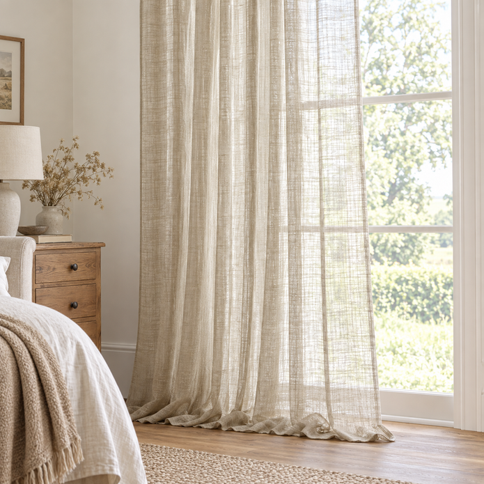 Yard natural beige sheer voile curtain panel styled beside a country bedroom window