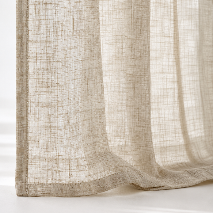 Yard natural beige sheer voile curtain panel close-up of the fabric hem and edge
