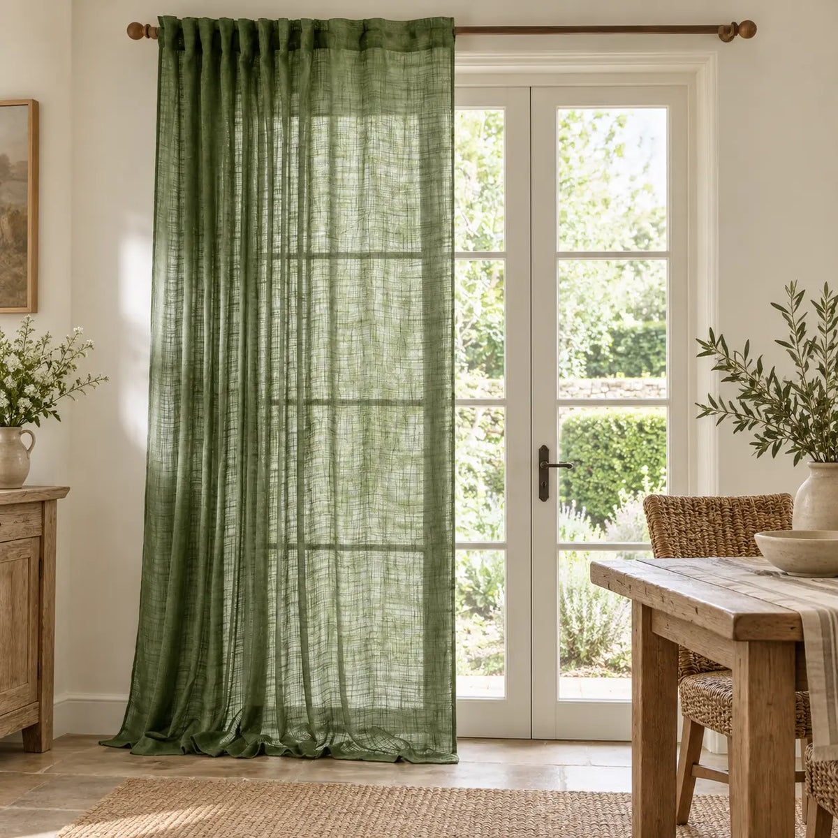 Olive green woven sheer voile curtain panel from Riva Home hanging in a styled dining room, adding soft, elegant window coverage.