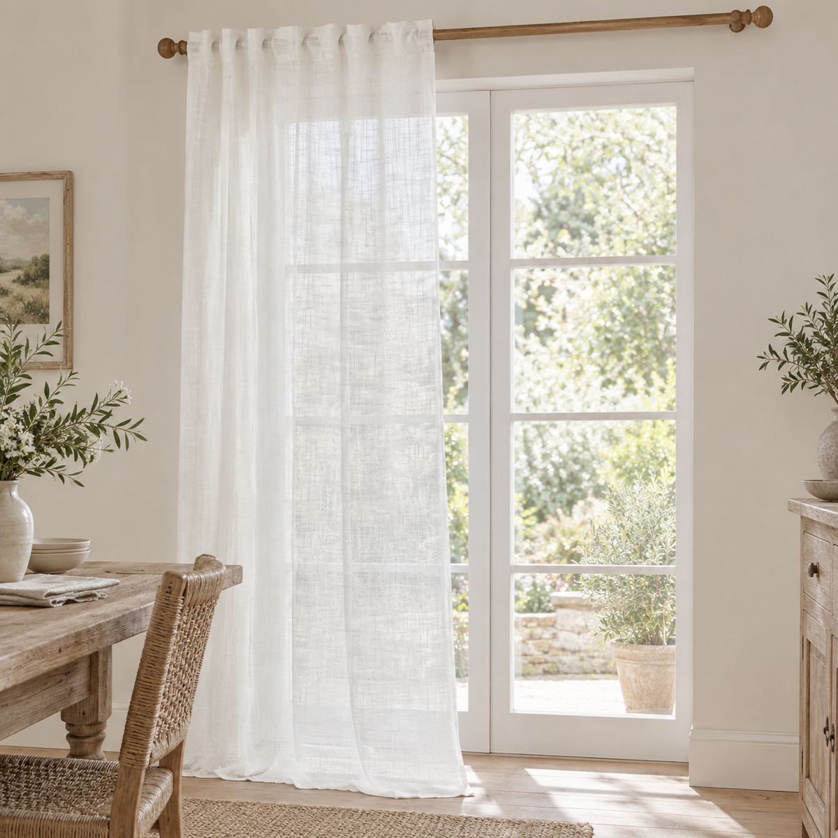 Yard white sheer voile curtain panel styled in a country dining room