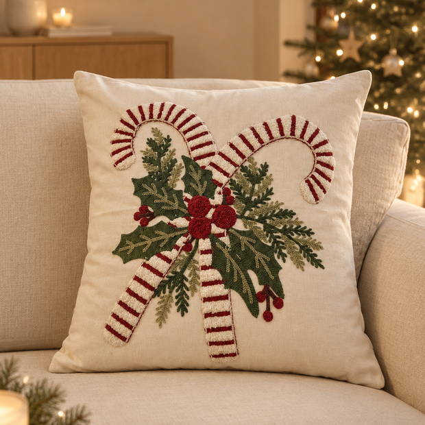 Your cushion in a minimalist home with warm Christmas lights