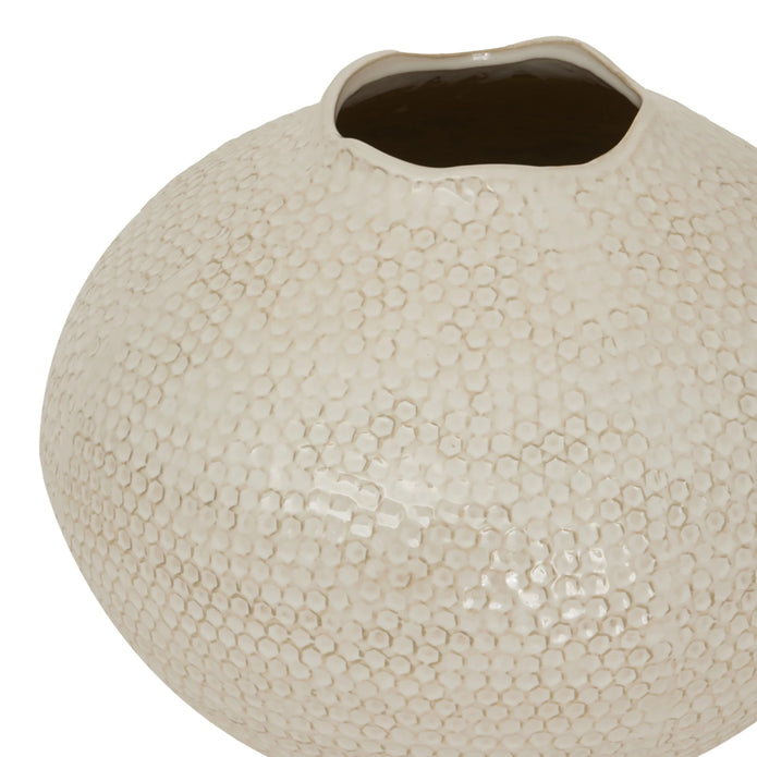 Zaffera Ivory Caldron textured vase by Hill Interiors, ceramic decorative vase with a rounded, textured design for home decor.