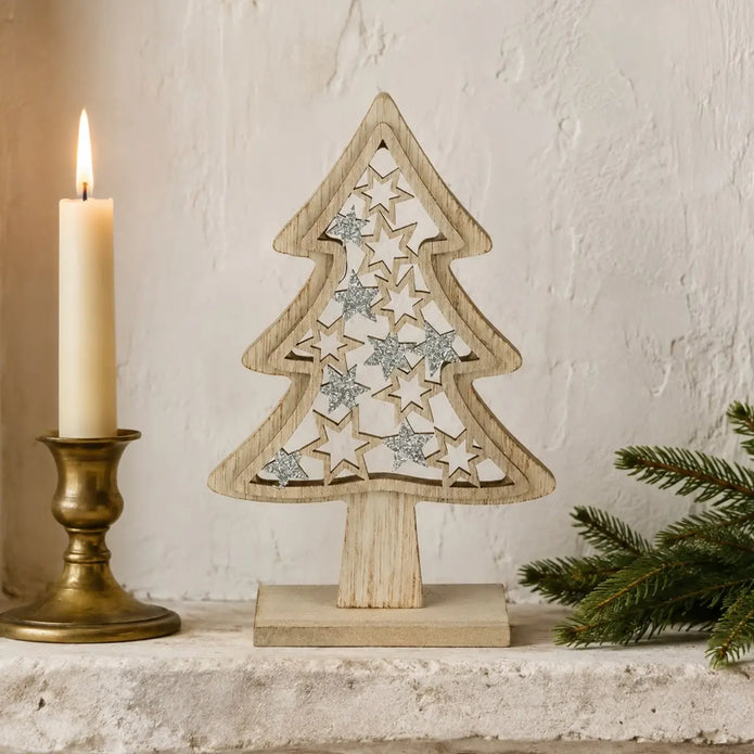 Small Wooden Star Tree Decor, close-up product detail