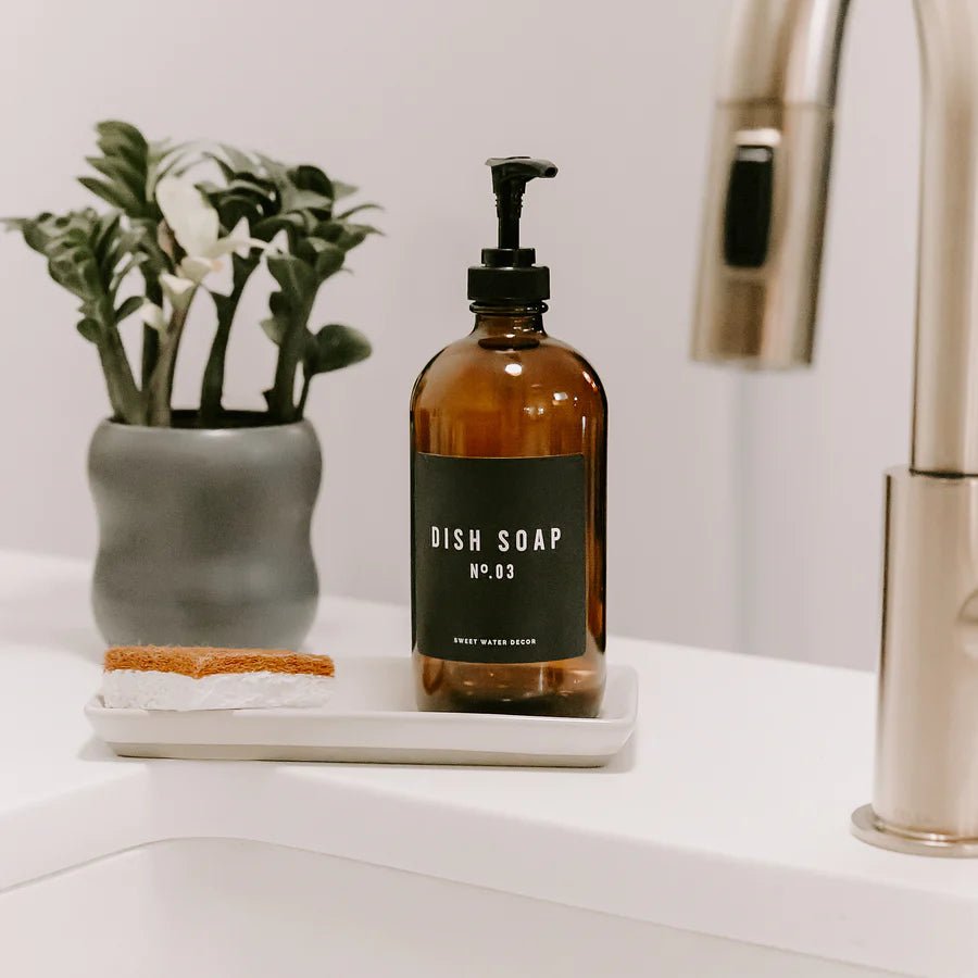 Amber Glass Dish Soap Dispenser Bottle - Black Label - Lulu Loves Home - Kitchen & Dining