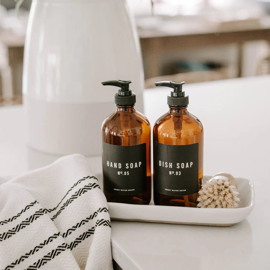 Amber Glass Dish Soap Dispenser Bottle - Black Label - Lulu Loves Home - Kitchen & Dining