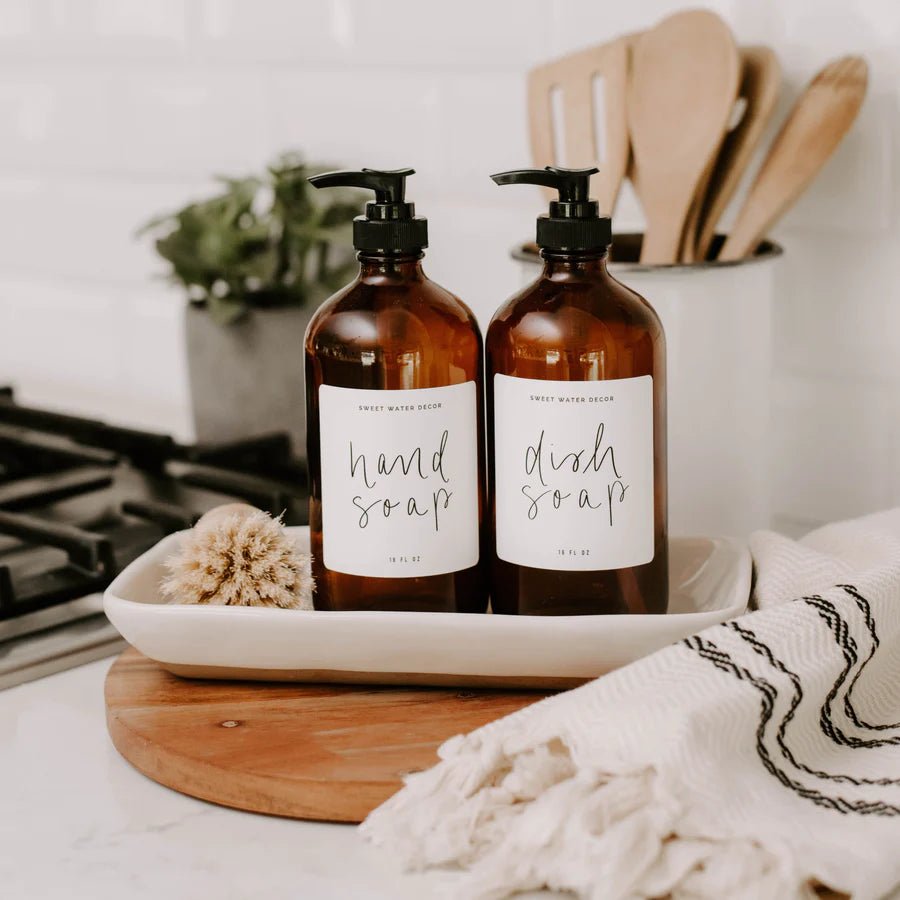 Amber Glass Dish Soap Dispenser Bottle - White Label - Lulu Loves Home - Kitchen & Dining