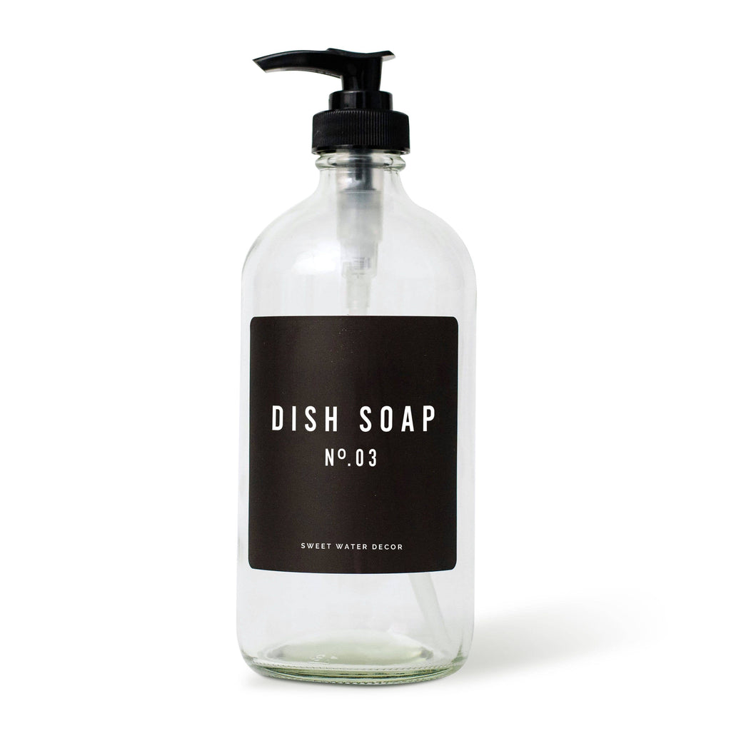 Clear Glass Black Label Dispenser Bottle - Dish Soap - Lulu Loves Home - Home Decor