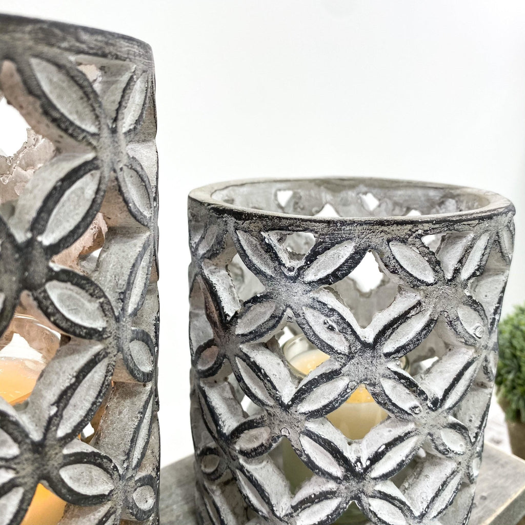 Concrete Geometric Patterened Pillar Candle Holder - Lulu Loves Home - Candle Holders - Pillar