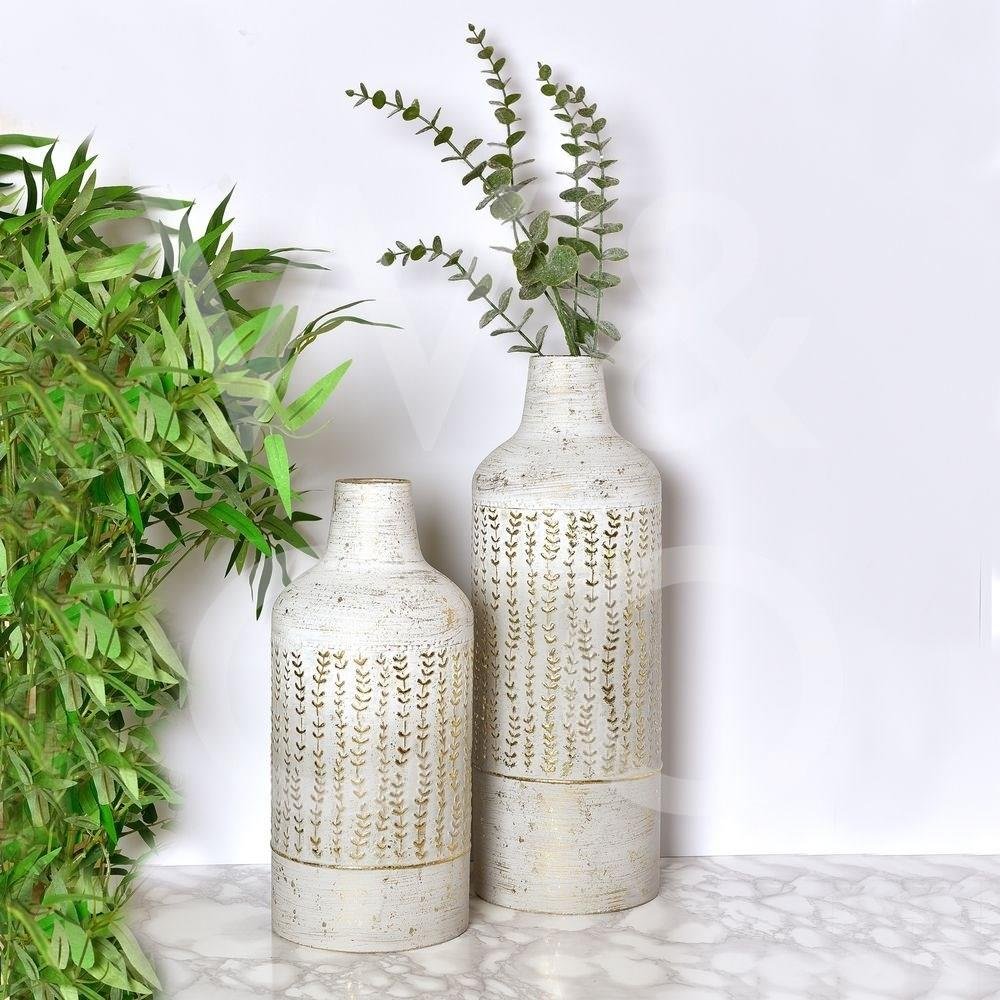 Distressed White & Gold Leaf Print Vases - Lulu Loves Home - Vases