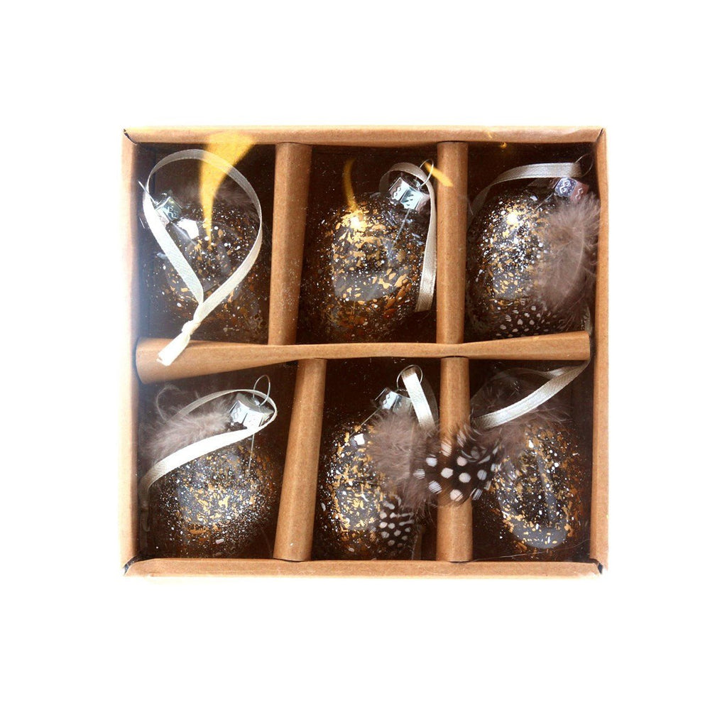 Glass Hanging Eggs With Feathers And Gold Speckles - Box Of Six - Lulu Loves Home - Seasonal Decor - Easter